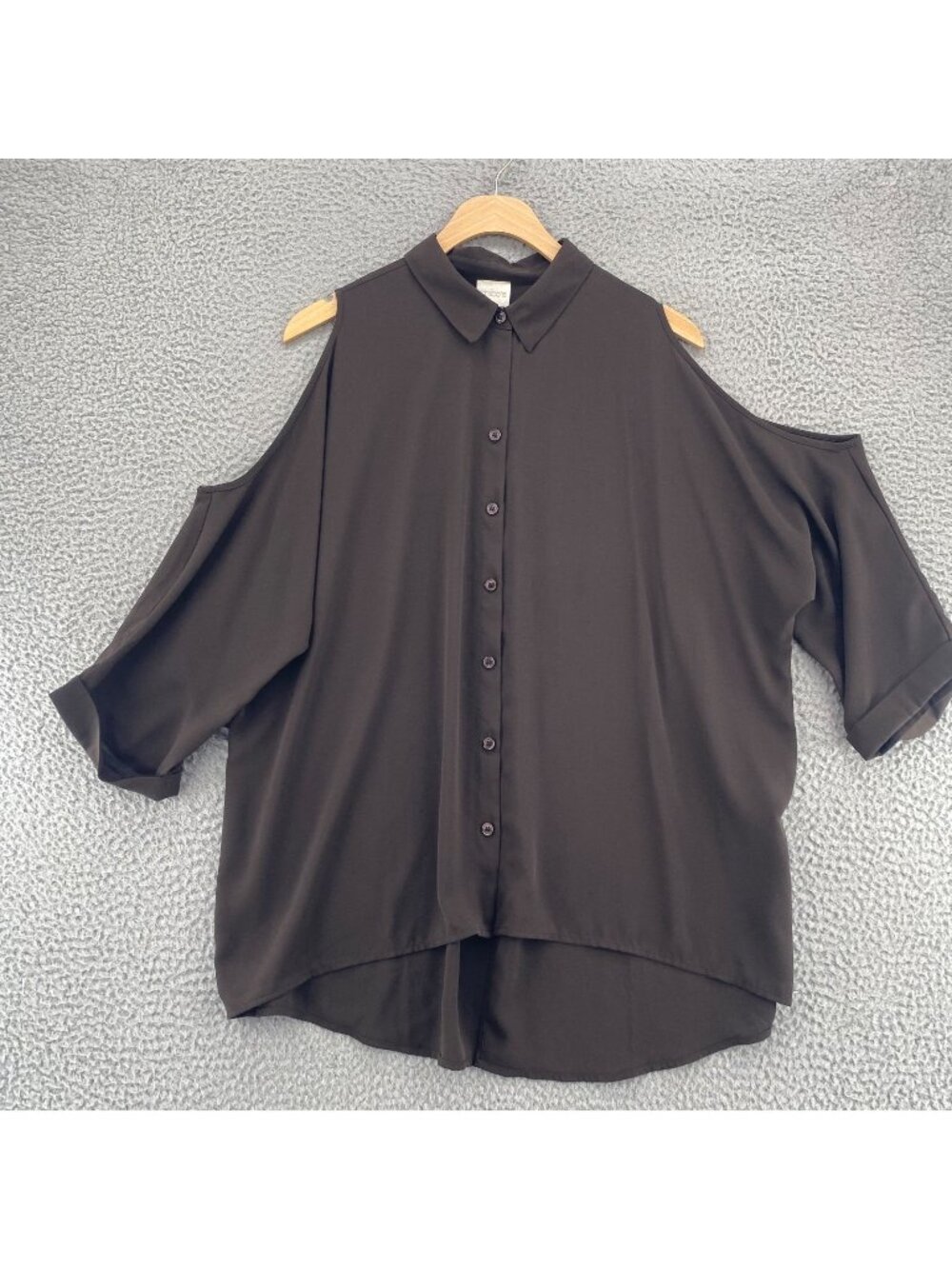 Chicos Shirt Womens 2 US Large Brown Cold Shoulder 3/4 Sleeves Button Up Tunic